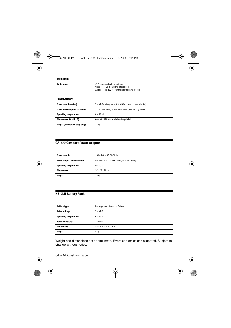 Ca-570 compact power adapter nb-2lh battery pack | Canon DC301 User Manual | Page 84 / 87