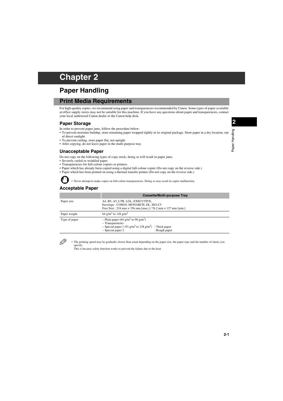 Paper handling, Print media requirements, Chapter 2 | Print media requirements -1, Paper storage, Unacceptable paper, Acceptable paper | Canon PC-D320 User Manual | Page 19 / 106