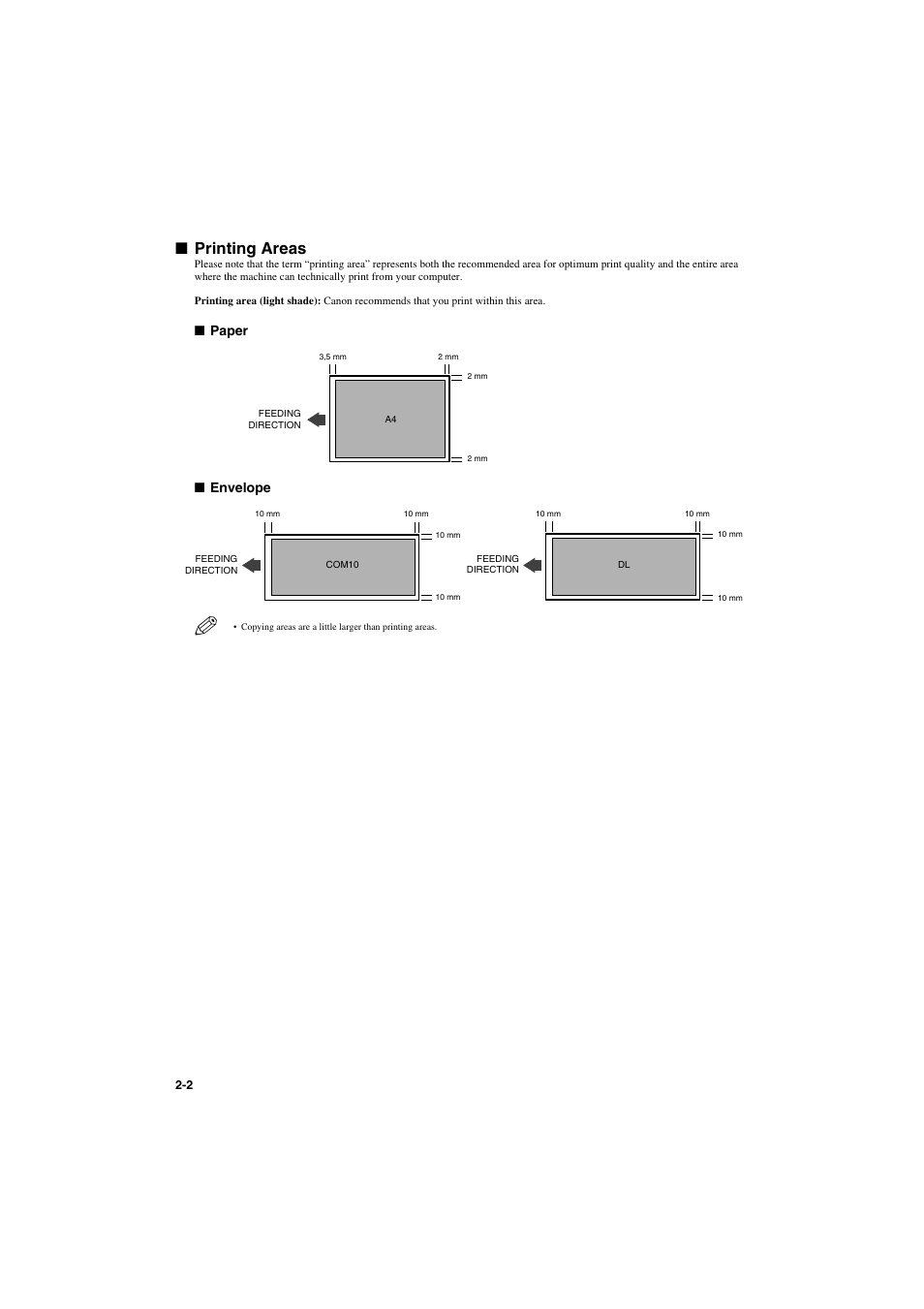 Printing areas, Printing areas -2, Paper ■ envelope | Canon PC-D320 User Manual | Page 20 / 106