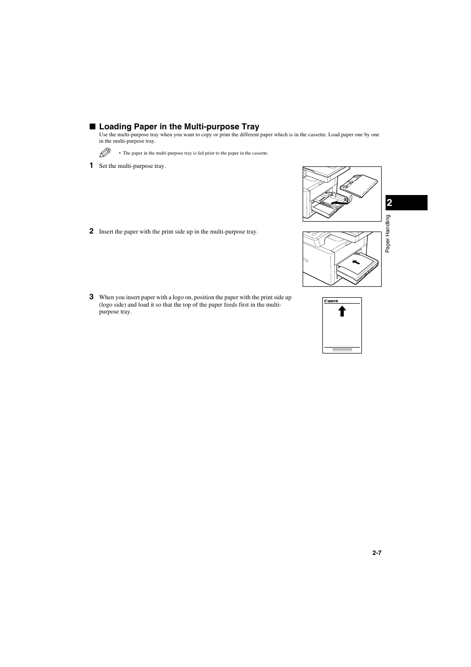 Loading paper in the multi-purpose tray, Loading paper in the multi-purpose tray -7 | Canon PC-D320 User Manual | Page 25 / 106