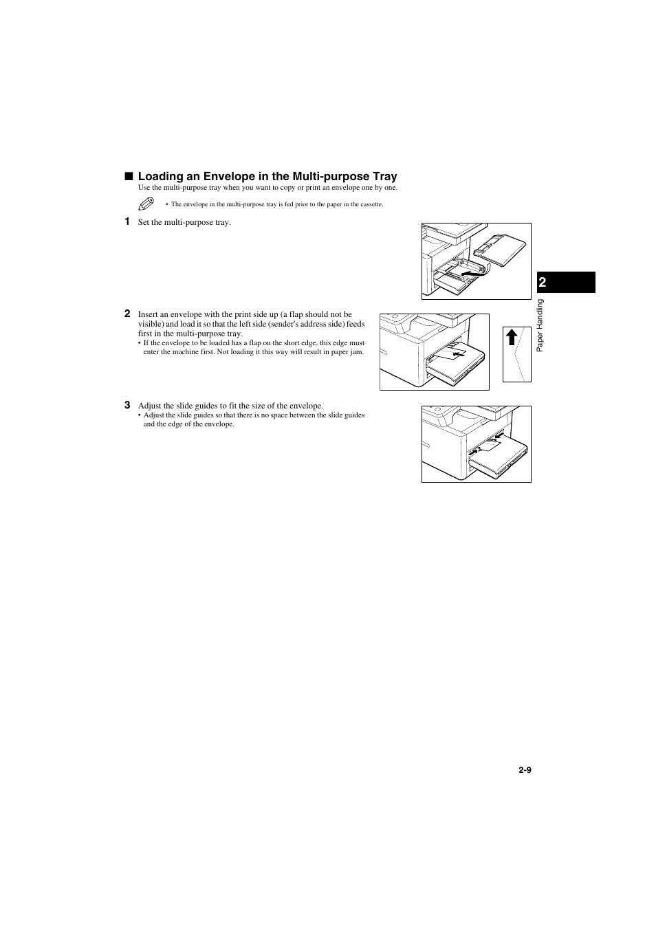 Loading an envelope in the multi-purpose tray, Loading an envelope in the multi-purpose tray -9 | Canon PC-D320 User Manual | Page 27 / 106