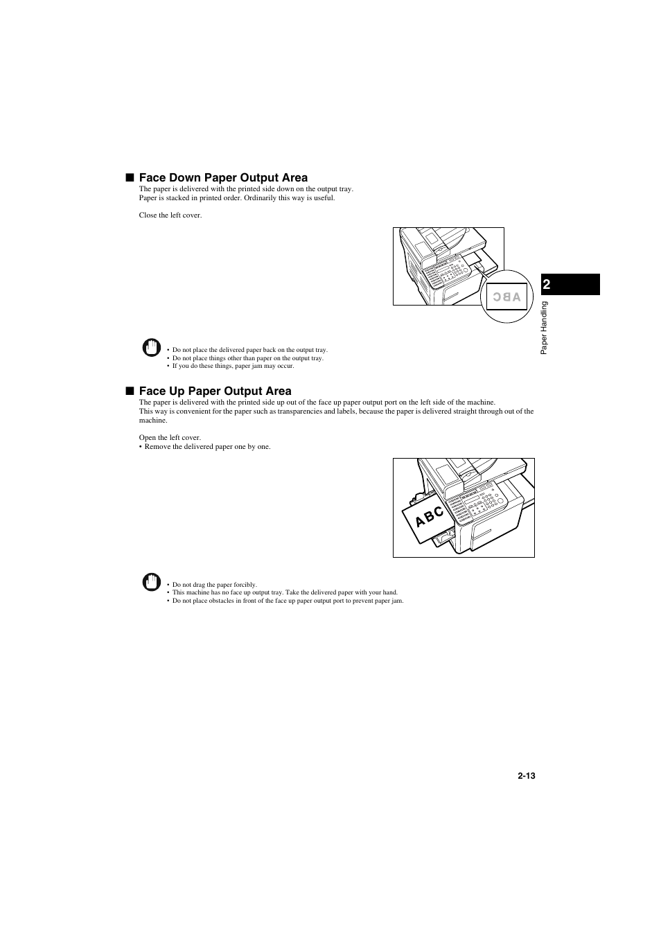 Face down paper output area, Face up paper output area | Canon PC-D320 User Manual | Page 31 / 106