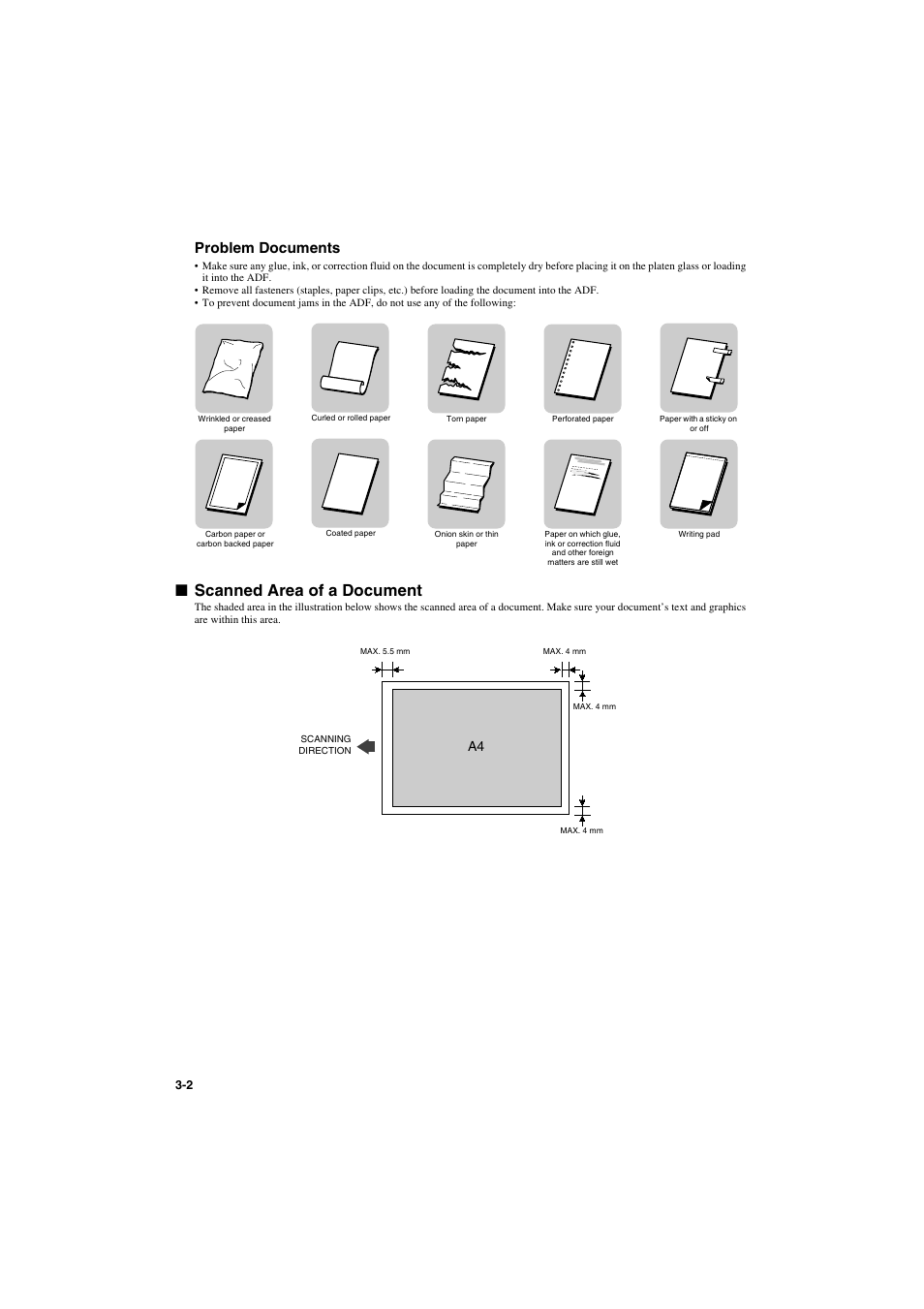 Scanned area of a document, Scanned area of a document -2, Problem documents | Canon PC-D320 User Manual | Page 34 / 106