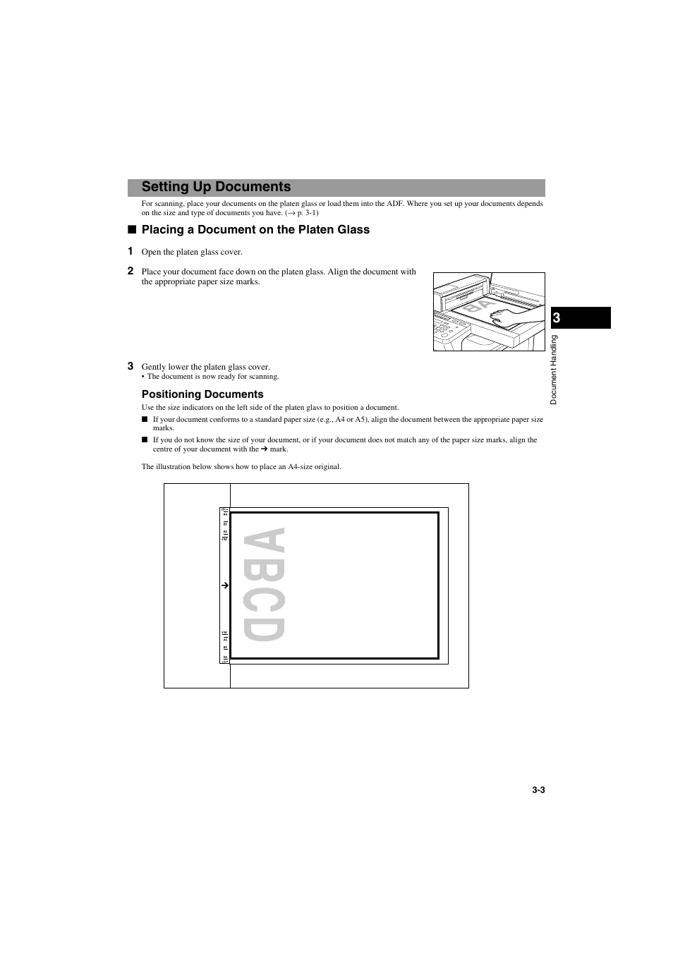 Setting up documents, Placing a document on the platen glass, Setting up documents -3 | Placing a document on the platen glass -3 | Canon PC-D320 User Manual | Page 35 / 106