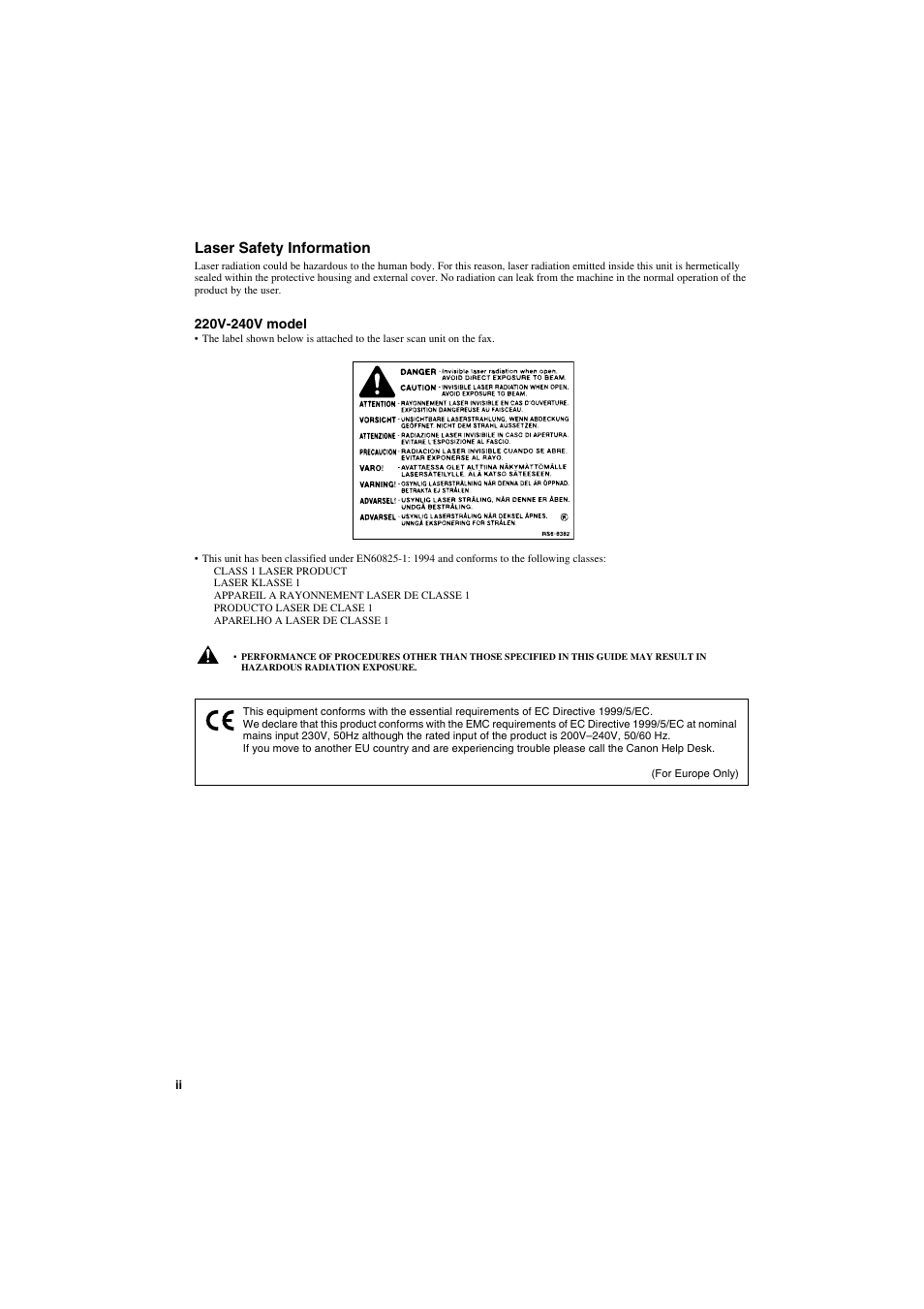 Laser safety information | Canon PC-D320 User Manual | Page 4 / 106