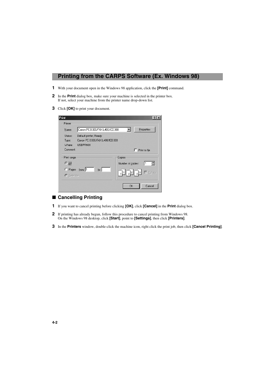 Printing from the carps software (ex. windows 98), Cancelling printing, Cancelling printing -2 | Canon PC-D320 User Manual | Page 40 / 106