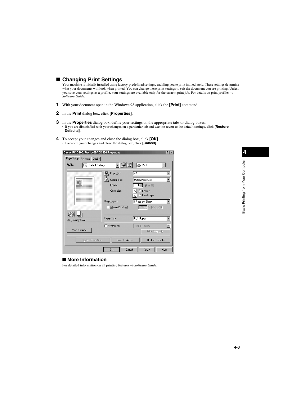 Changing print settings, Changing print settings -3 | Canon PC-D320 User Manual | Page 41 / 106