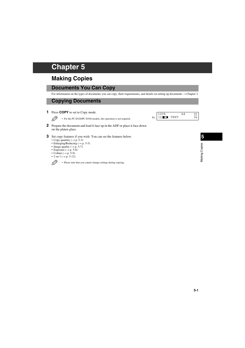 Making copies, Documents you can copy, Copying documents | Chapter 5, Documents you can copy -1 copying documents -1 | Canon PC-D320 User Manual | Page 43 / 106