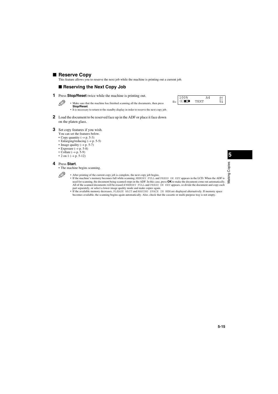 Reserve copy, Reserve copy -15, P. 5 | Reserving the next copy job 1 | Canon PC-D320 User Manual | Page 57 / 106