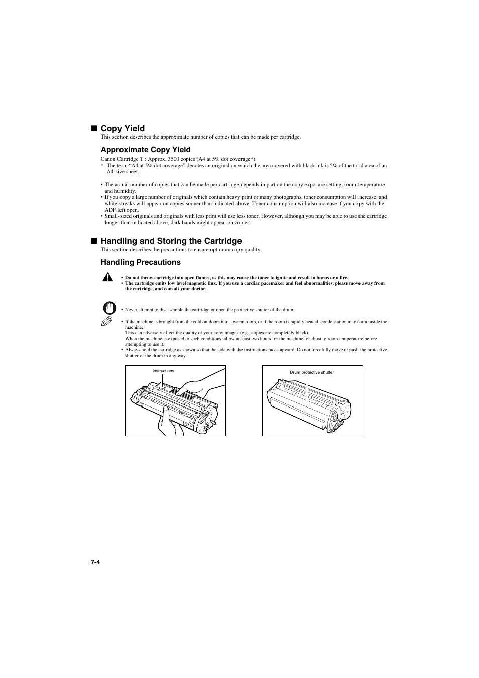 Copy yield, Handling and storing the cartridge, Approximate copy yield | Handling precautions | Canon PC-D320 User Manual | Page 66 / 106