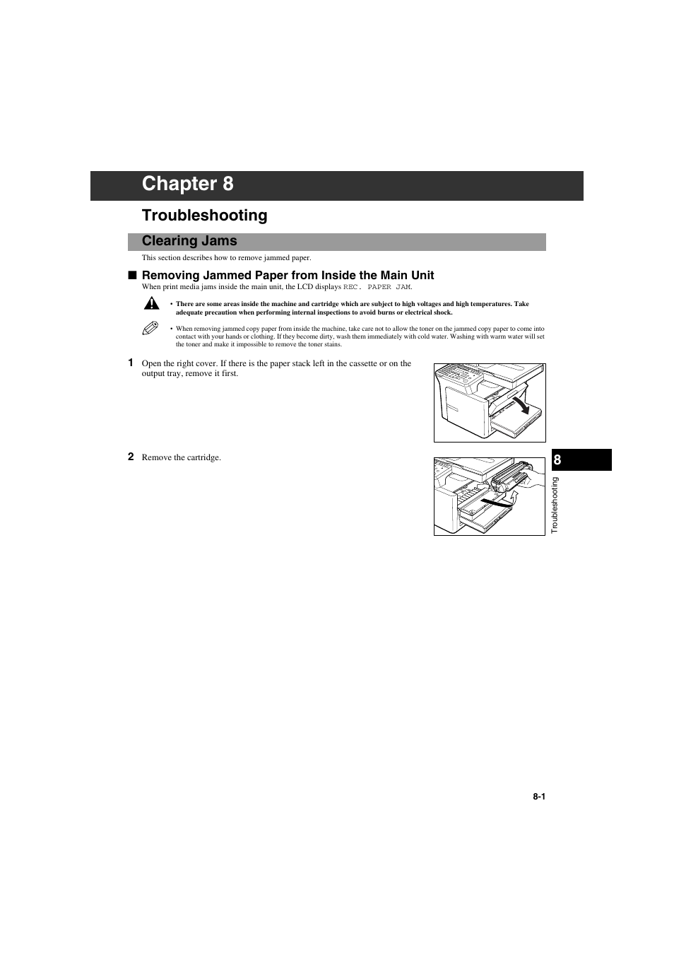 Troubleshooting, Clearing jams, Removing jammed paper from inside the main unit | Chapter 8, Clearing jams -1, Removing jammed paper from inside the main unit -1 | Canon PC-D320 User Manual | Page 75 / 106