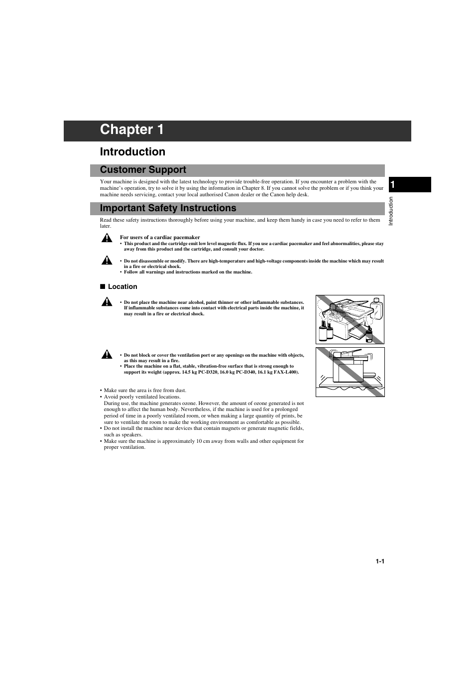 Introduction, Customer support, Important safety instructions | Chapter 1 | Canon PC-D320 User Manual | Page 9 / 106