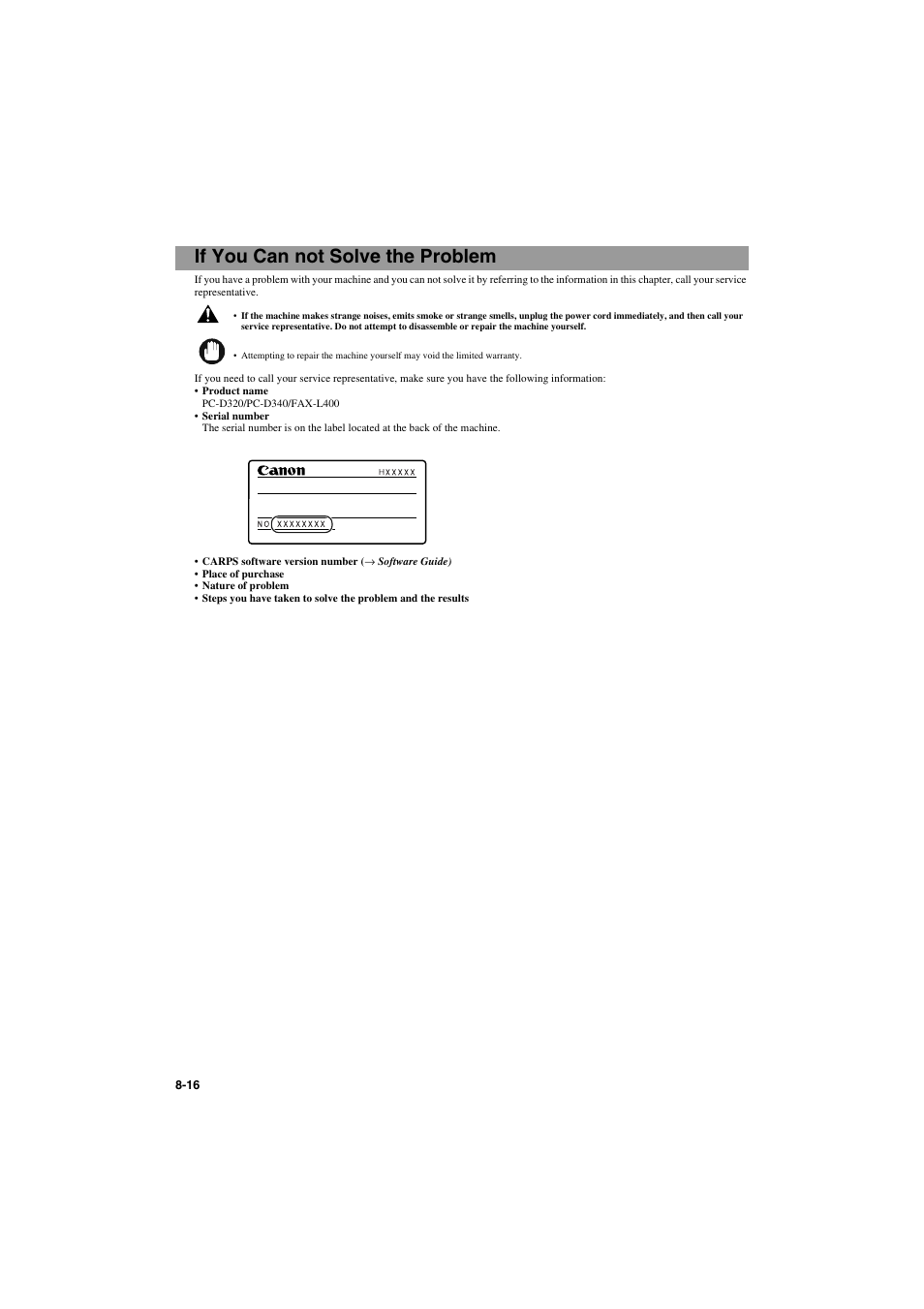 If you can not solve the problem, If you can not solve the problem -16 | Canon PC-D320 User Manual | Page 90 / 106