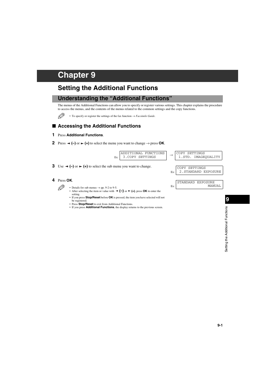 Setting the additional functions, Understanding the “additional functions, Accessing the additional functions | Chapter 9, Understanding the “additional functions” -1, Accessing the additional functions -1 | Canon PC-D320 User Manual | Page 91 / 106