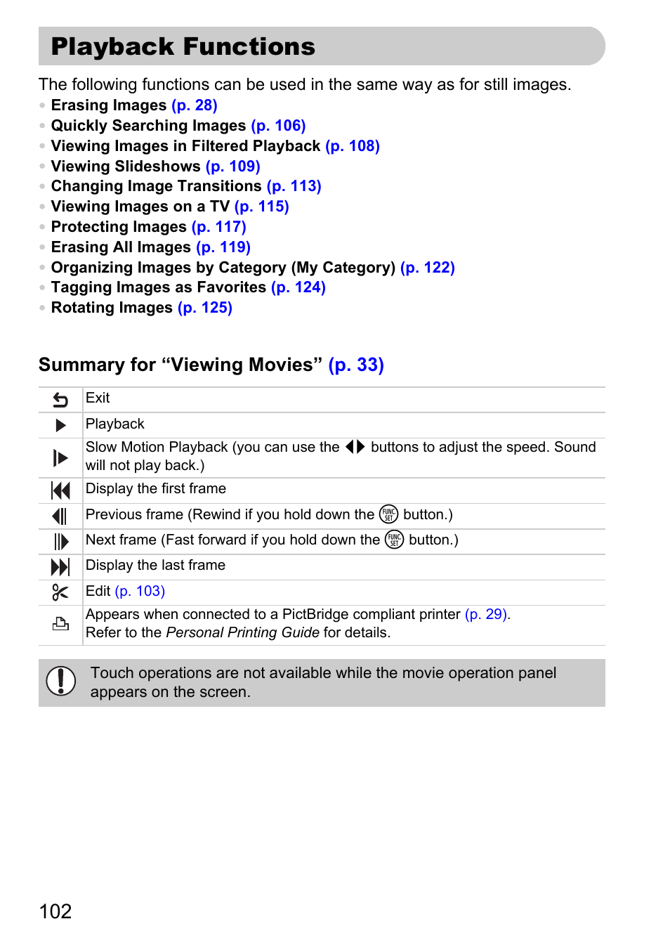 Playback functions, Summary for “viewing movies” (p. 33) | Canon 200 IS User Manual | Page 102 / 169