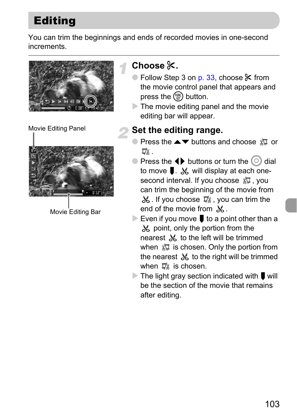 Editing, Edit, P. 103) | Choose, Set the editing range | Canon 200 IS User Manual | Page 103 / 169