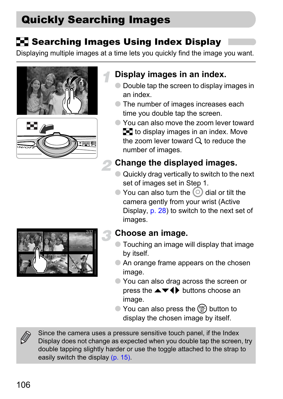 Quickly searching images, Index), P. 106) | G searching images using index display, Display images in an index, Change the displayed images, Choose an image | Canon 200 IS User Manual | Page 106 / 169