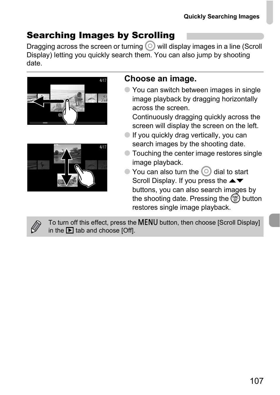 Searching images by scrolling, Choose an image | Canon 200 IS User Manual | Page 107 / 169