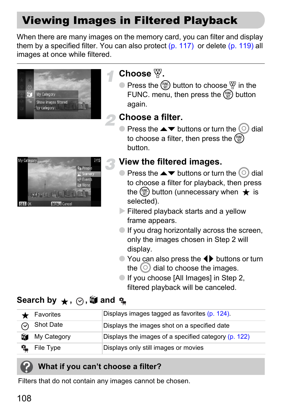 Viewing images in filtered playback, Viewing images, In filtered playback | P. 108), Choose, Choose a filter, View the filtered images | Canon 200 IS User Manual | Page 108 / 169