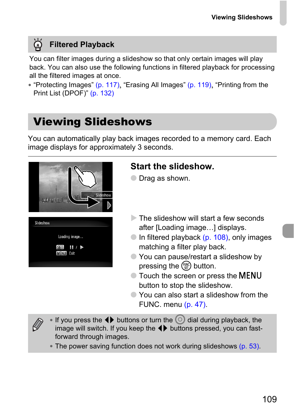 Viewing slideshows, P. 109), Start the slideshow | Canon 200 IS User Manual | Page 109 / 169