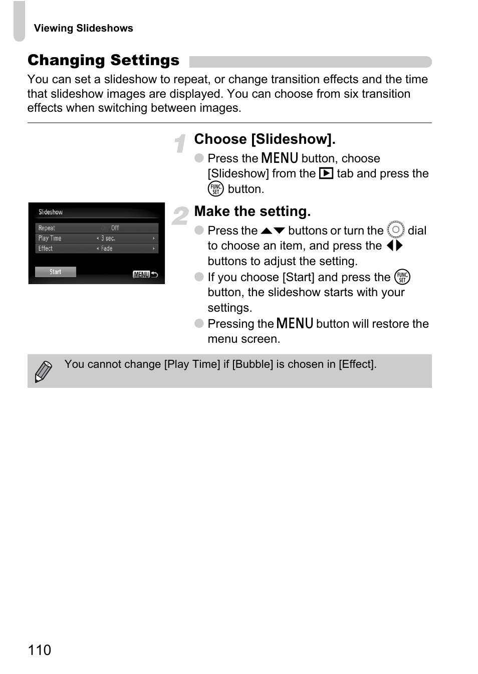 Changing settings, Choose [slideshow, Make the setting | Canon 200 IS User Manual | Page 110 / 169