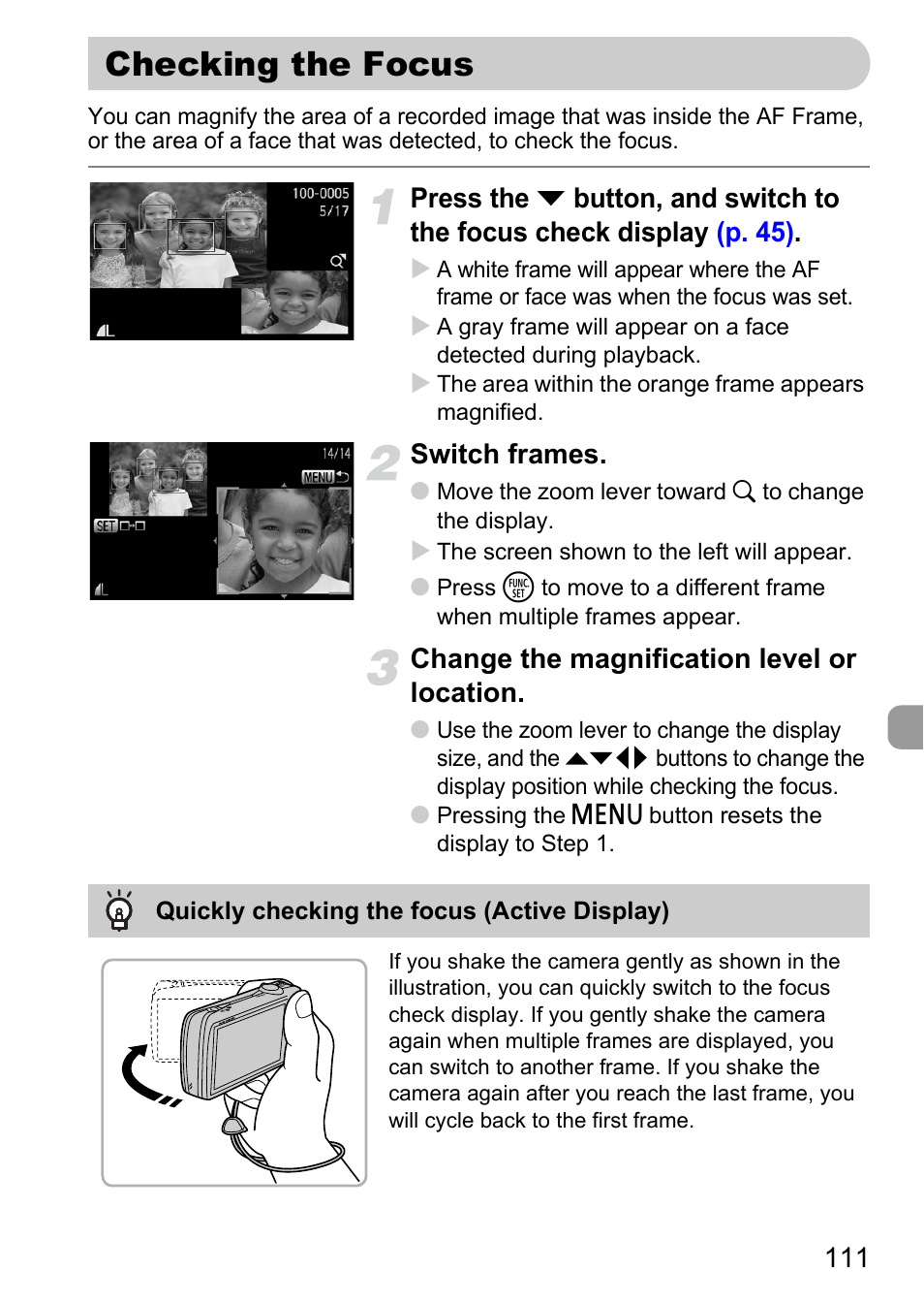 Checking the focus, P. 111), Switch frames | Change the magnification level or location | Canon 200 IS User Manual | Page 111 / 169