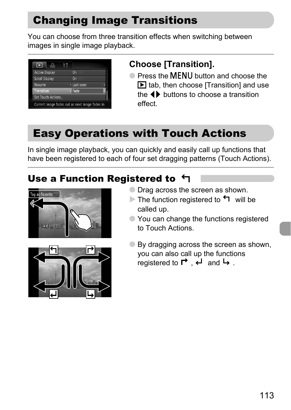 Changing image transitions, Easy operations with touch actions, Changing image transitions easy operations | With touch actions, P. 113), Use a function registered to | Canon 200 IS User Manual | Page 113 / 169