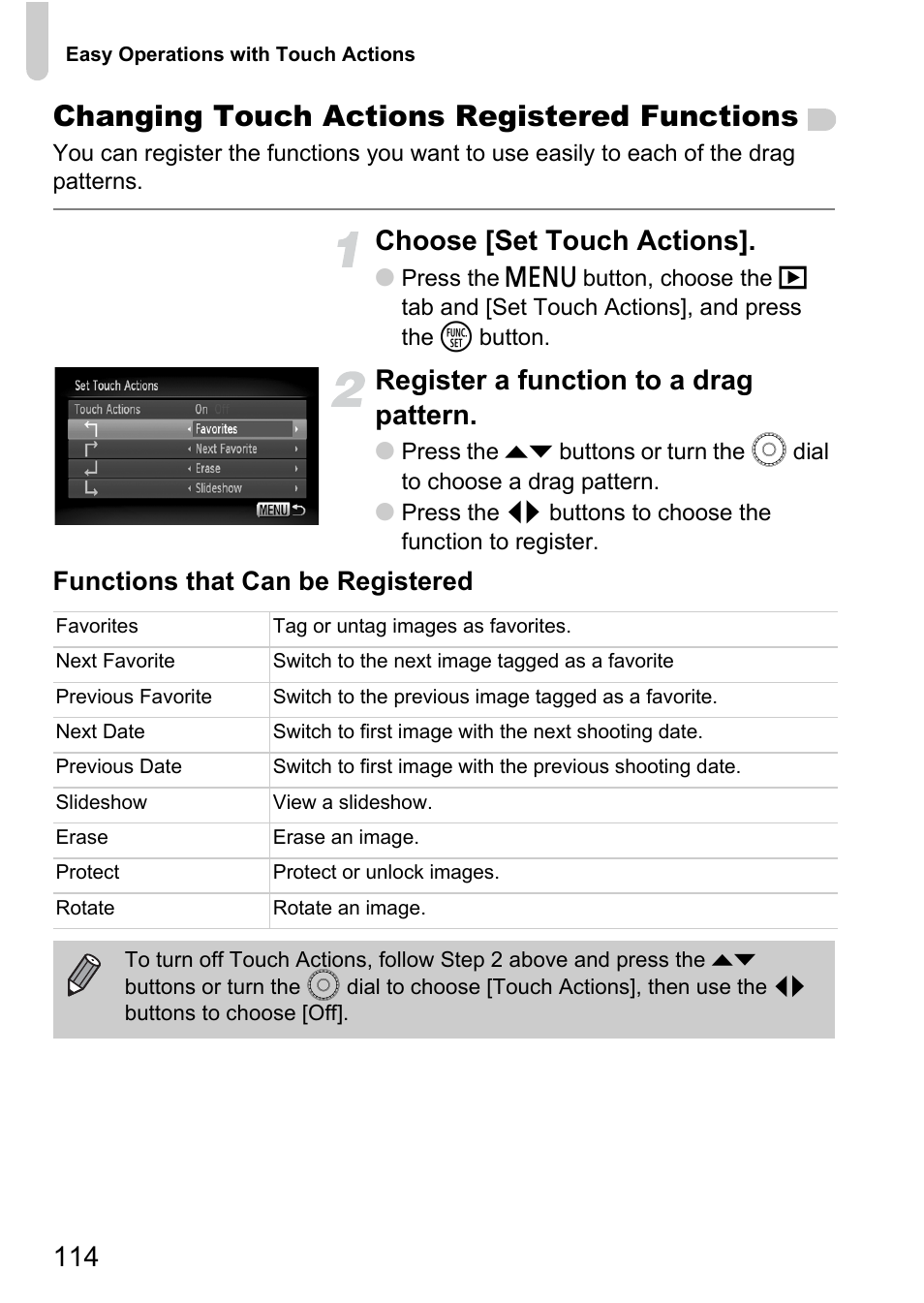 Changing touch actions registered functions, Choose [set touch actions, Register a function to a drag pattern | Functions that can be registered | Canon 200 IS User Manual | Page 114 / 169