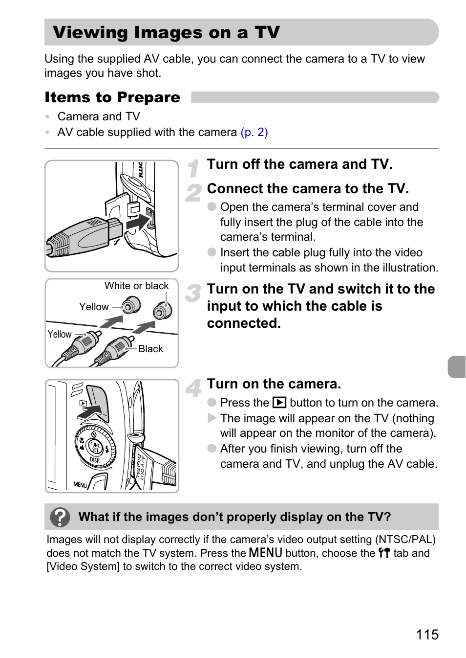Viewing images on a tv, P. 115), Items to prepare | Canon 200 IS User Manual | Page 115 / 169