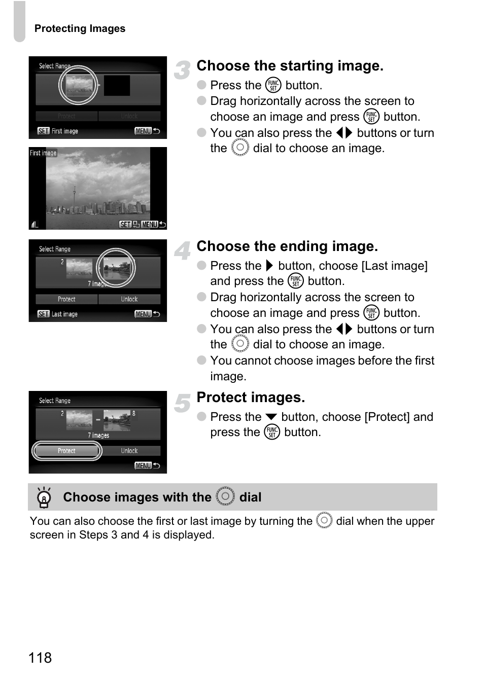 118 choose the starting image, Choose the ending image, Protect images | Canon 200 IS User Manual | Page 118 / 169