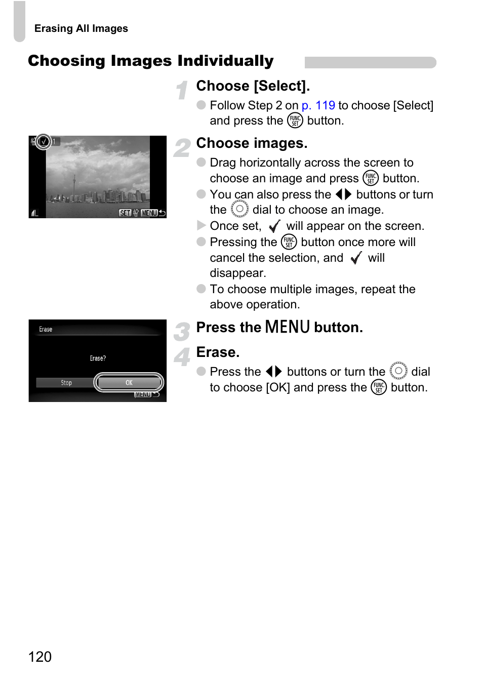 Choosing images individually, Choose [select, Choose images | Press the n button. erase | Canon 200 IS User Manual | Page 120 / 169