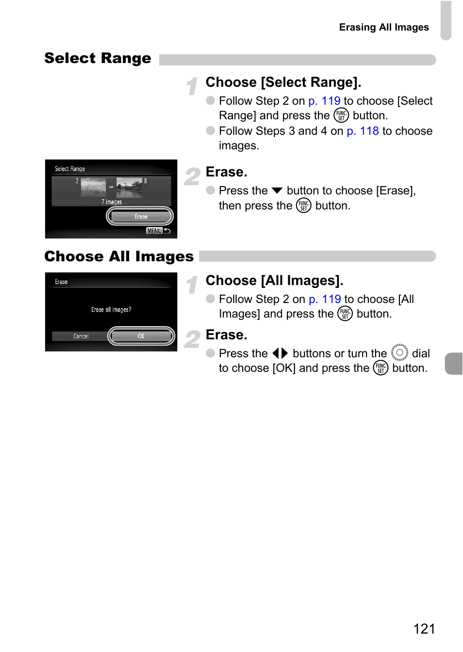 Select range, Choose all images, Choose [select range | Erase, Choose [all images | Canon 200 IS User Manual | Page 121 / 169