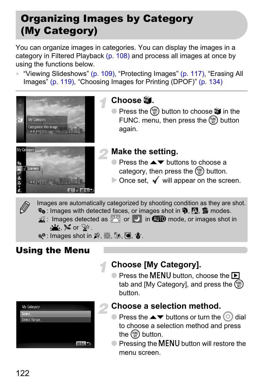 Organizing images by category (my category), Organizing images by category, My category) | P. 122), Using the menu, Choose, Make the setting, Choose [my category, Choose a selection method | Canon 200 IS User Manual | Page 122 / 169