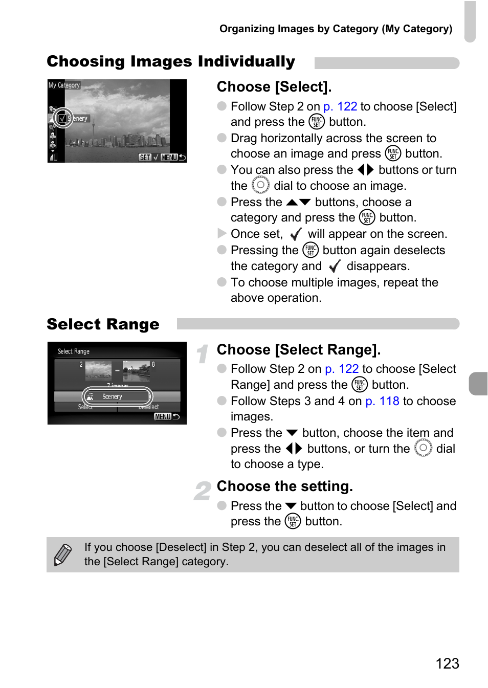 Choosing images individually, Select range, Choose [select | Choose [select range, Choose the setting | Canon 200 IS User Manual | Page 123 / 169