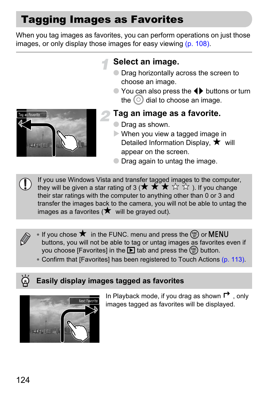 Tagging images as favorites, Rites, P. 124) | As favorites, Select an image, Tag an image as a favorite | Canon 200 IS User Manual | Page 124 / 169