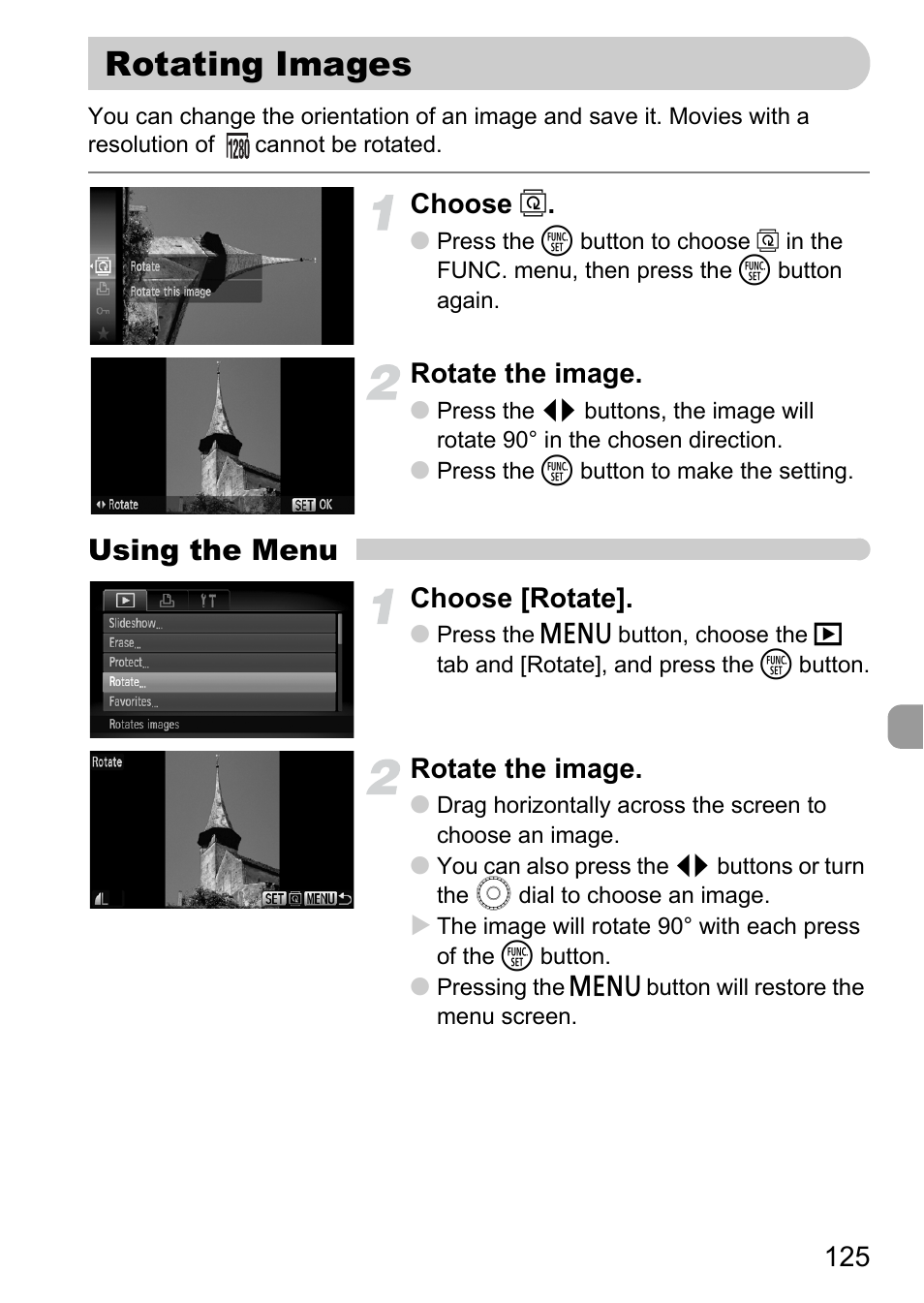 Rotating images, P. 125), Using the menu | Choose, Rotate the image, Choose [rotate | Canon 200 IS User Manual | Page 125 / 169