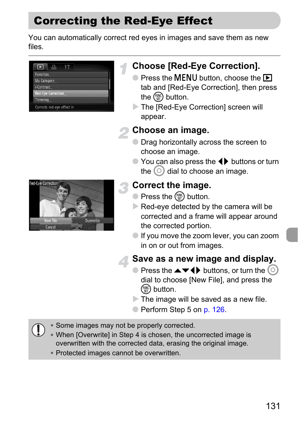 Correcting the red-eye effect, Choose [red-eye correction, Choose an image | Correct the image, Save as a new image and display | Canon 200 IS User Manual | Page 131 / 169