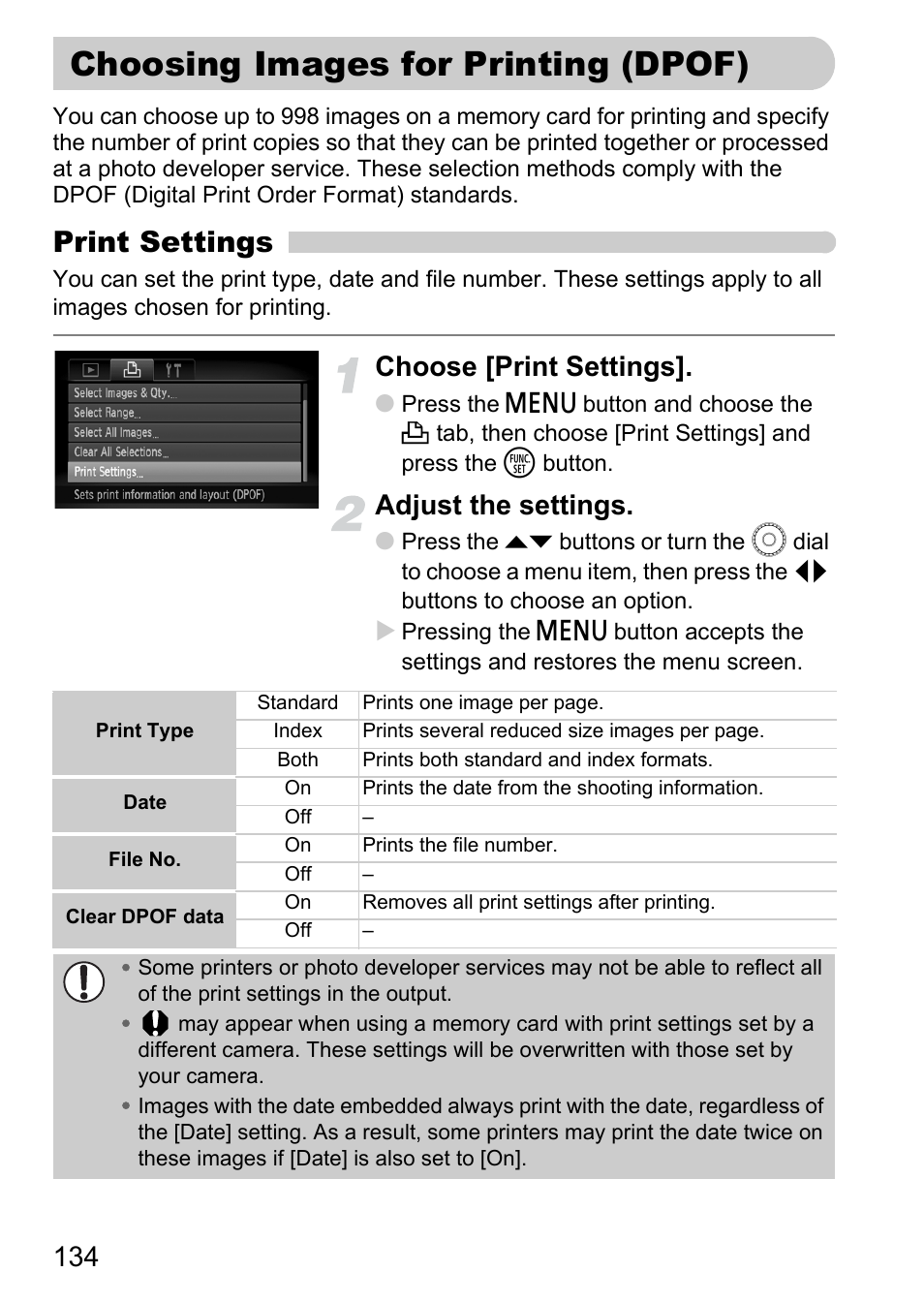 Choosing images for printing (dpof), Choosing images for printing, Dpof) | P. 134), Print settings, Choose [print settings, Adjust the settings | Canon 200 IS User Manual | Page 134 / 169