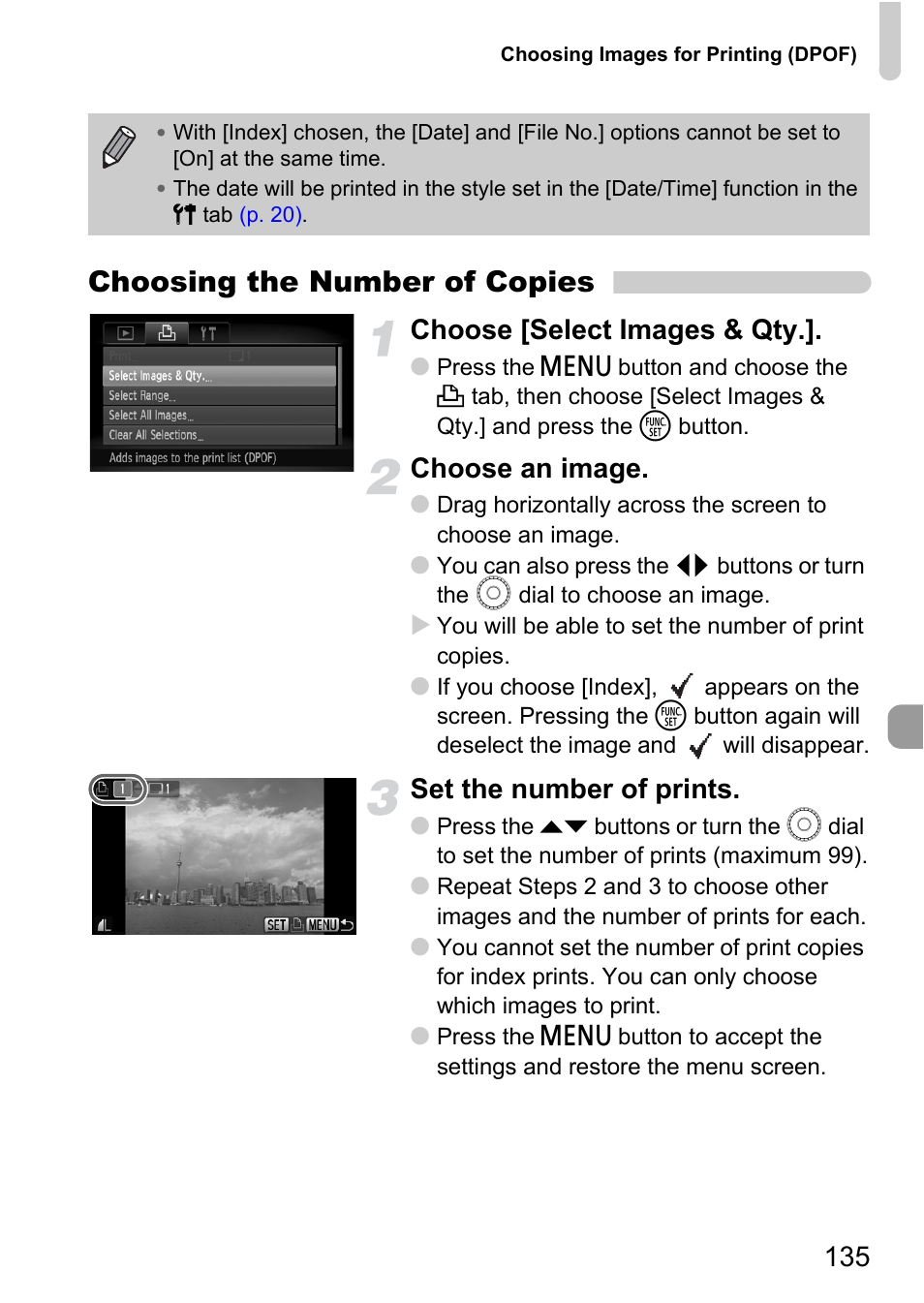 Choosing the number of copies, Choose [select images & qty, Choose an image | Set the number of prints | Canon 200 IS User Manual | Page 135 / 169