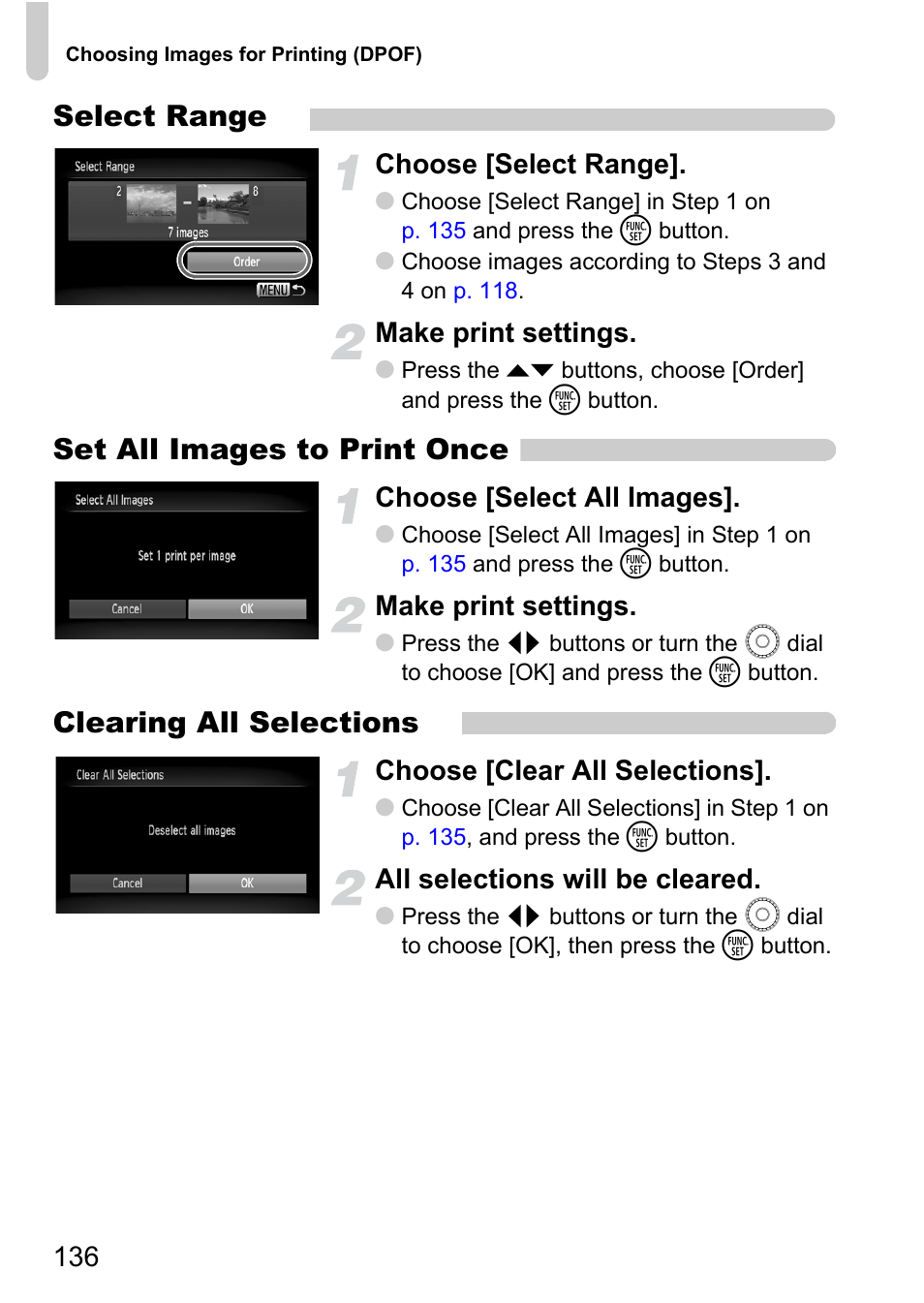 Select range, Set all images to print once, Clearing all selections | Choose [select range, Make print settings, Choose [select all images, Choose [clear all selections, All selections will be cleared | Canon 200 IS User Manual | Page 136 / 169