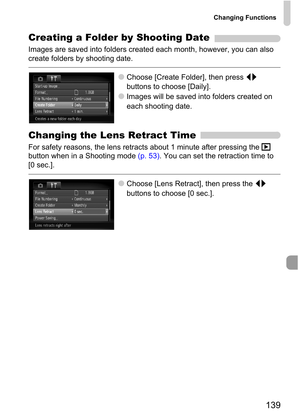 Creating a folder by shooting date, Changing the lens retract time | Canon 200 IS User Manual | Page 139 / 169