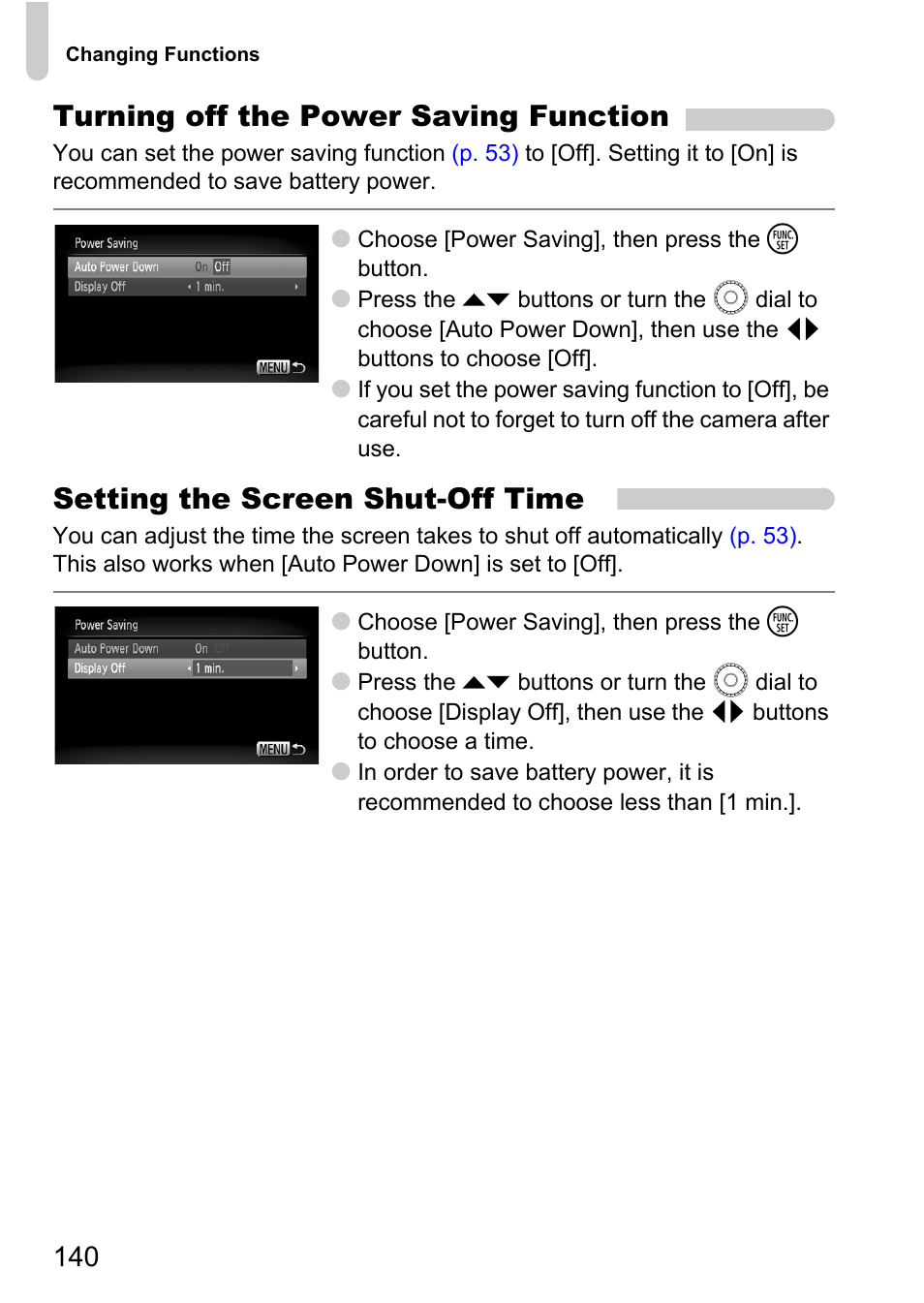 Display off, P. 140), Turning off the power saving function | Setting the screen shut-off time | Canon 200 IS User Manual | Page 140 / 169