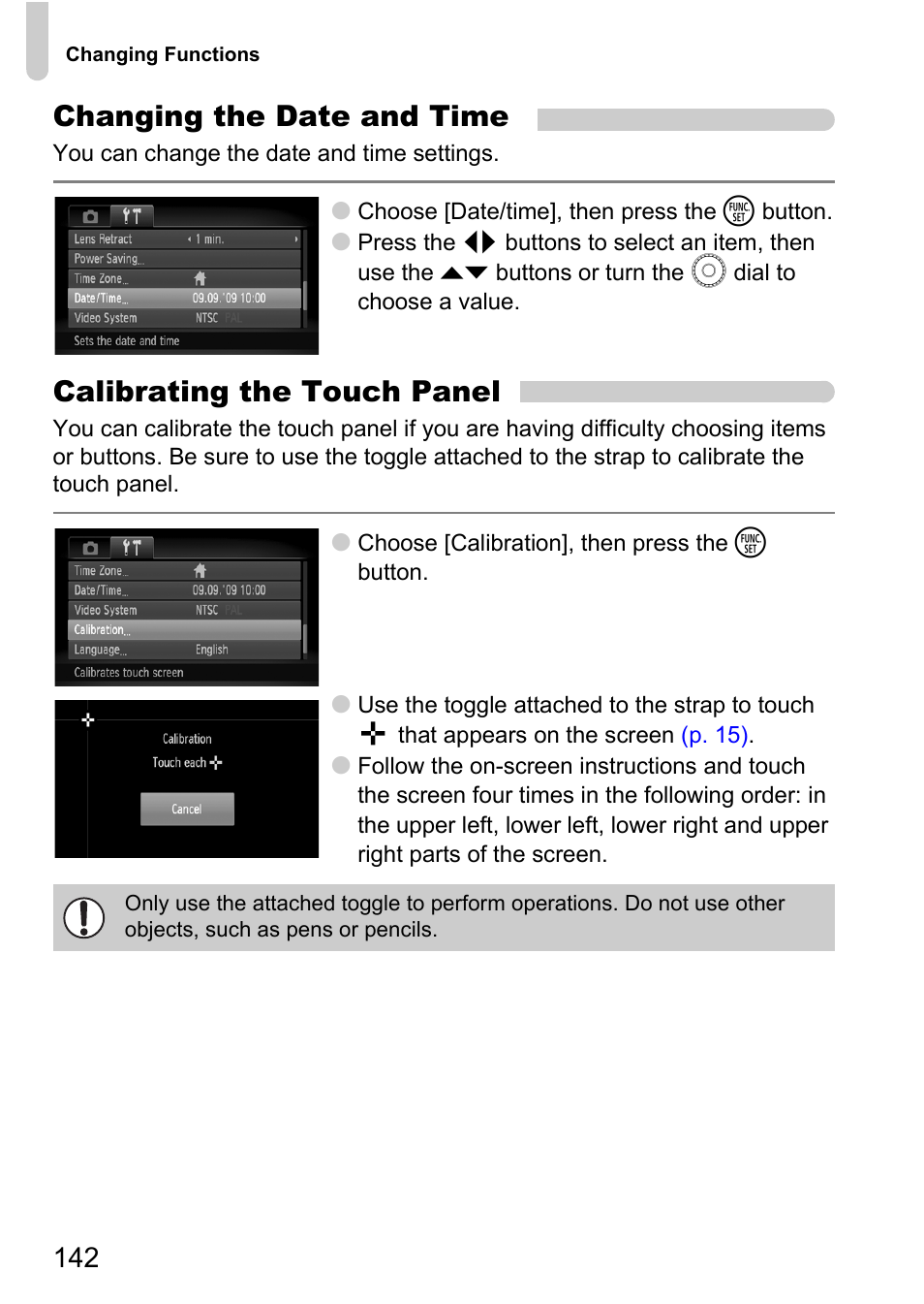 P. 142), Changing the date and time, Calibrating the touch panel | Canon 200 IS User Manual | Page 142 / 169