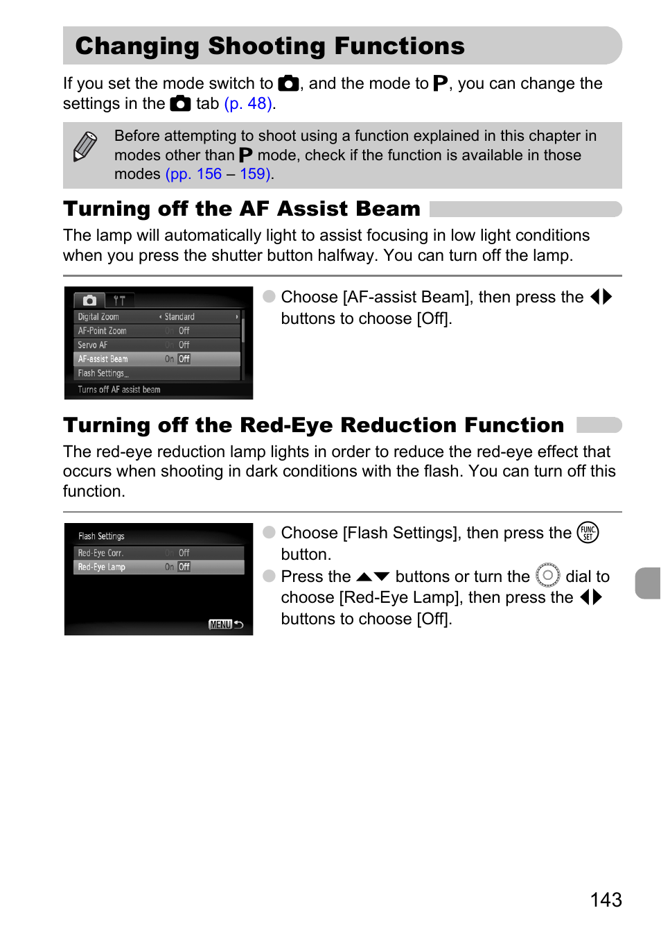 Changing shooting functions, P. 143), Turning off the af assist beam | Turning off the red-eye reduction function | Canon 200 IS User Manual | Page 143 / 169