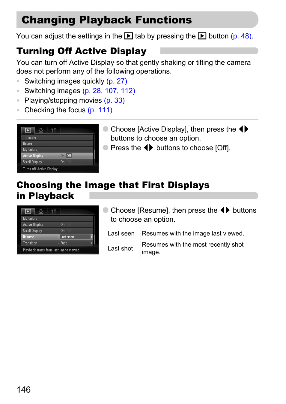 Changing playback functions, Turning off active display, Choosing the image that first displays in playback | Canon 200 IS User Manual | Page 146 / 169