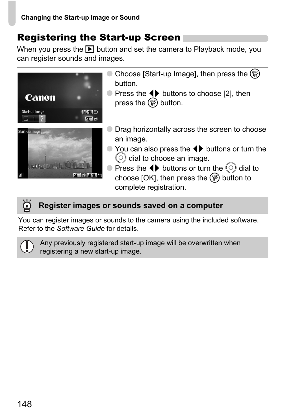 Registering the start-up screen | Canon 200 IS User Manual | Page 148 / 169