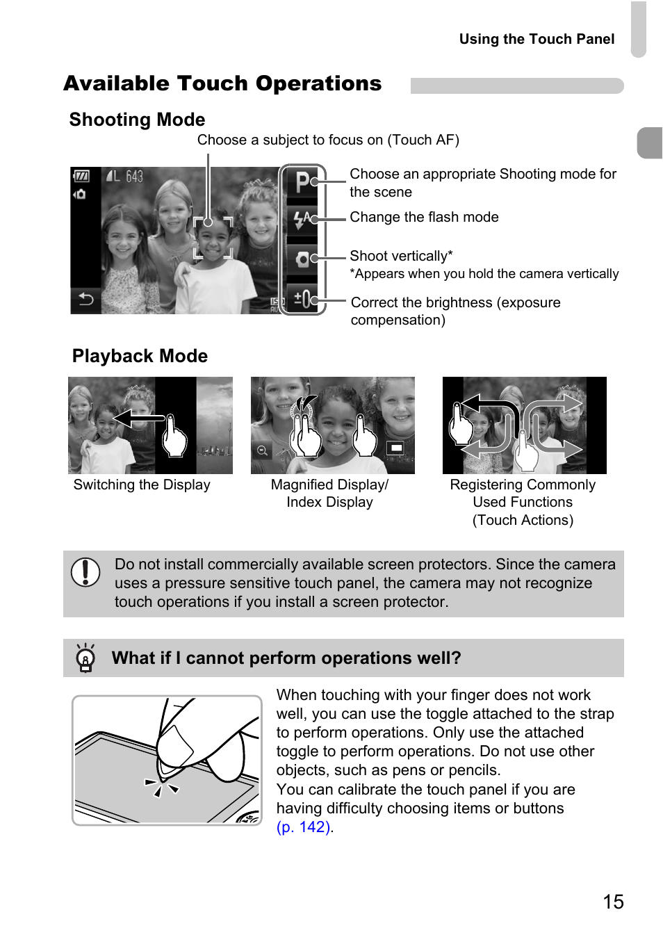 Available touch operations, Shooting mode, Playback mode | Canon 200 IS User Manual | Page 15 / 169