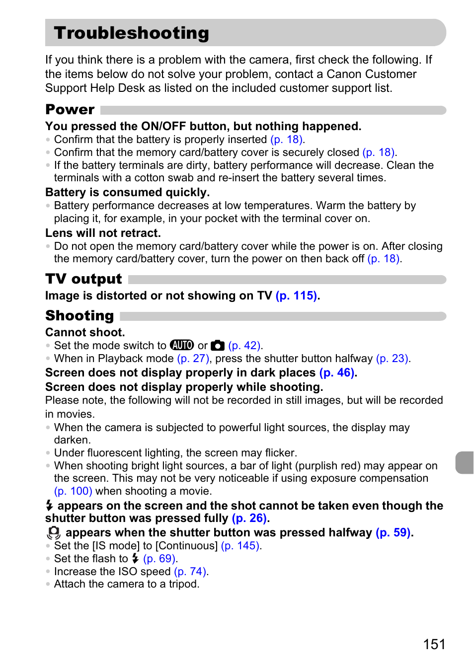 Troubleshooting, Power, Tv output | Shooting | Canon 200 IS User Manual | Page 151 / 169
