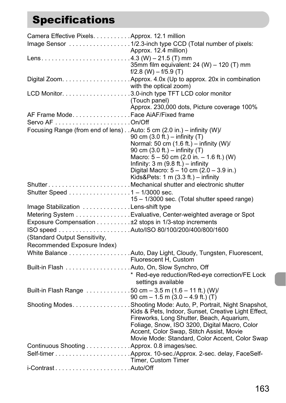 Specifications, P. 163) | Canon 200 IS User Manual | Page 163 / 169
