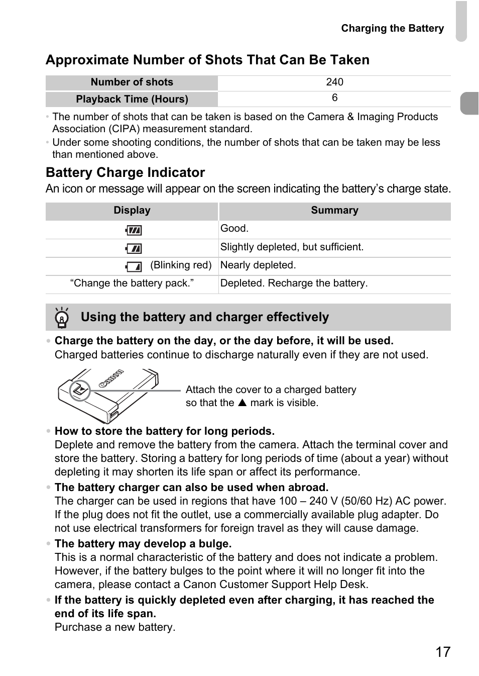 Approximate number of shots that can be taken, Battery charge indicator | Canon 200 IS User Manual | Page 17 / 169